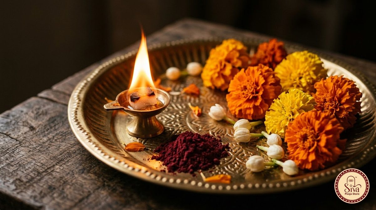 கற்பூர தீபம், குங்குமம் மற்றும் பூக்களுடன் ஆரத்தித் தட்டு