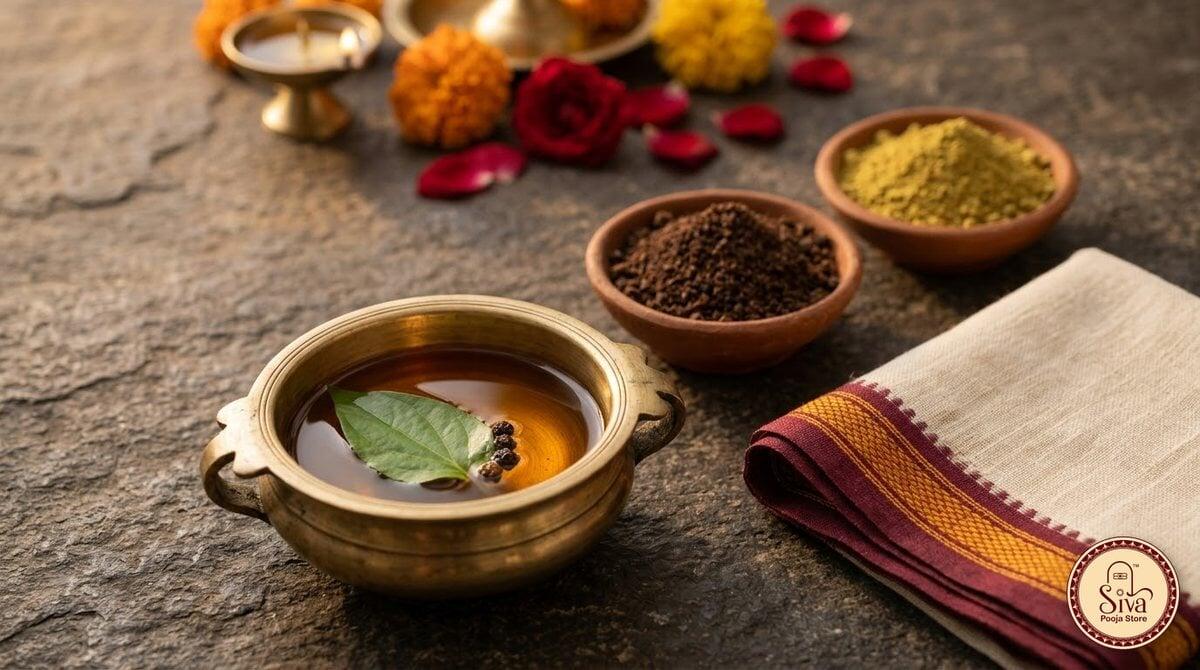 Warm sesame oil, shikakai and herbs for the Deepavali oil bath