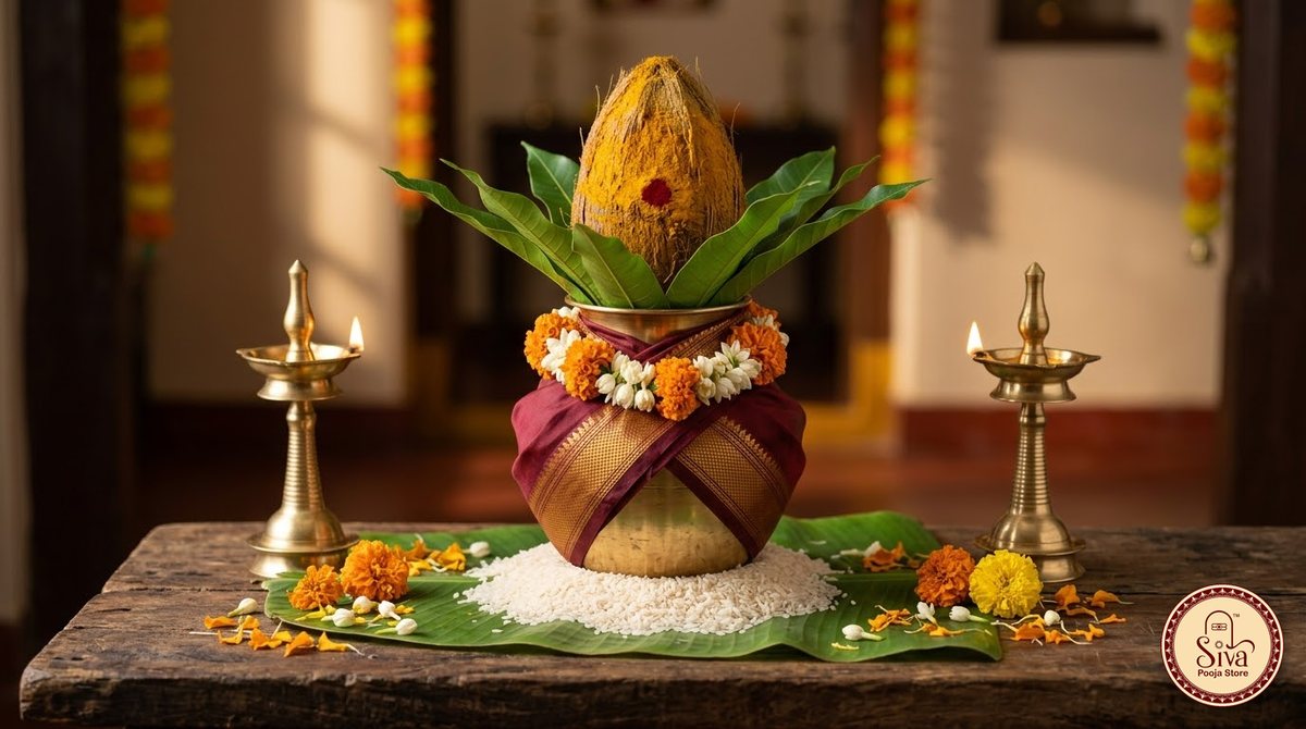 அரிசியின் மீது மாவிலை, தேங்காய் மற்றும் கலச வஸ்திரத்துடன் பித்தளைக் கலசம்