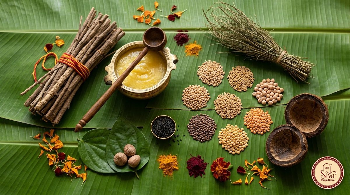 ஹோமத்திற்கான சமித்து, நெய், எள், தர்ப்பை மற்றும் நவதானியம்