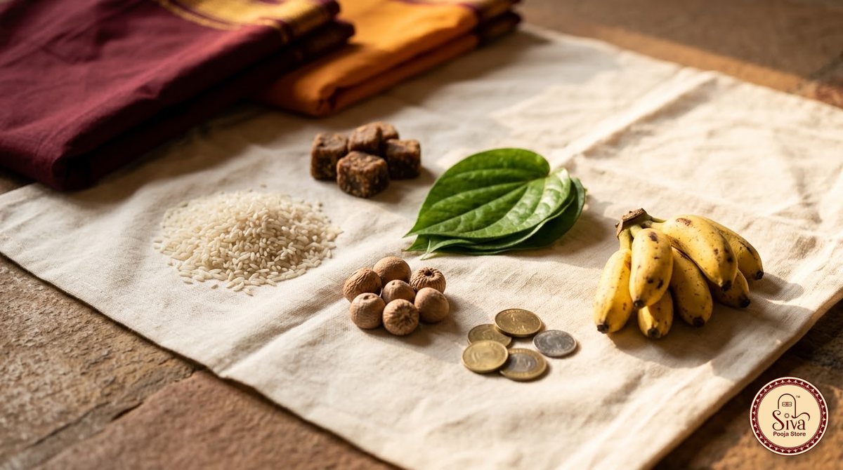 முன்முடிக்கான பச்சரிசி, வெல்லம், வெற்றிலை, பாக்கு, நாணயங்கள் மற்றும் வாழைப்பழம்