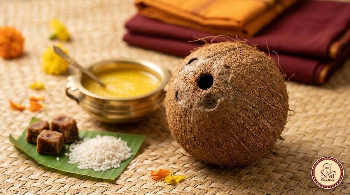 நெய் தேங்காய் தயாரிக்க தேங்காயும் பசு நெய்யும்