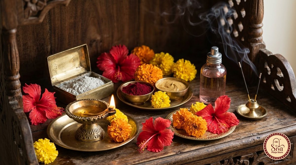 Brass lamp, vibhuti, sandal, kumkum, rose water and incense for Kanda Sashti