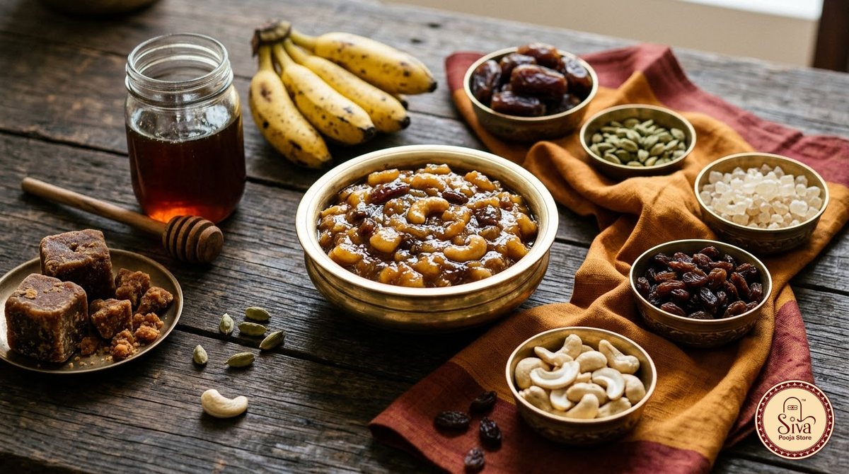 Bananas, honey, jaggery, dates, cardamom and dry fruit for panchamirtham