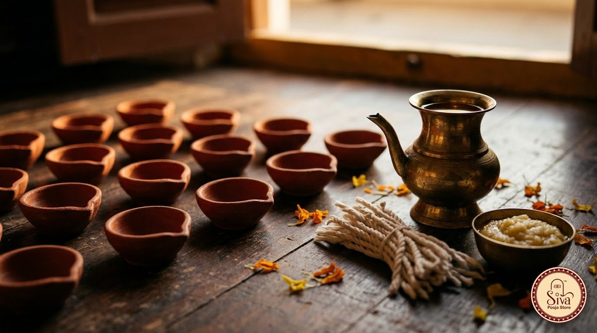Terracotta agal lamps with cotton wicks, sesame oil and ghee