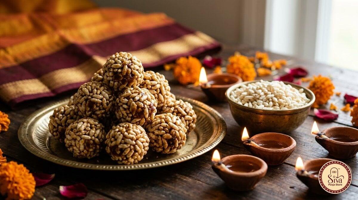 Pori urundai made with nel pori and jaggery