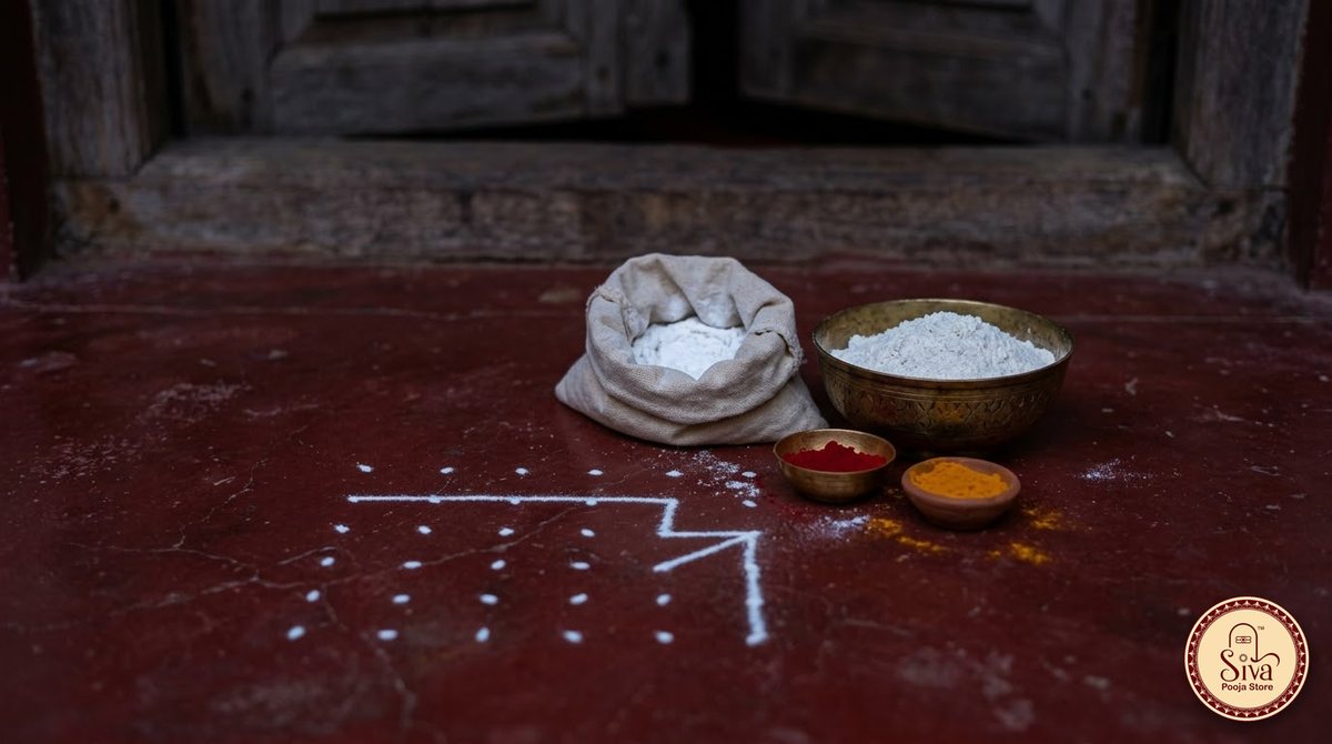 Kolam powder, rice flour and colour powders at a doorstep