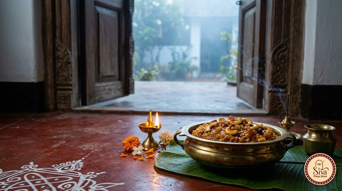 Sakkarai pongal naivedyam with a lit lamp at dawn in Margazhi