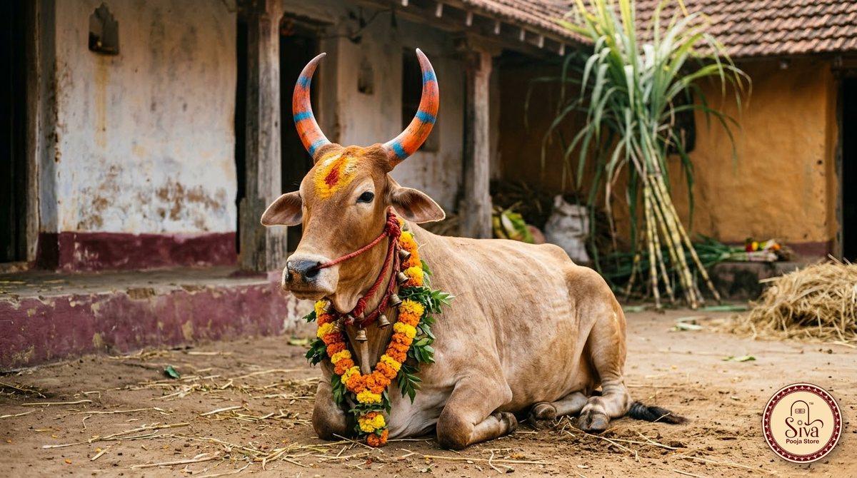 A decorated cow with painted horns, garland and bells for Mattu Pongal