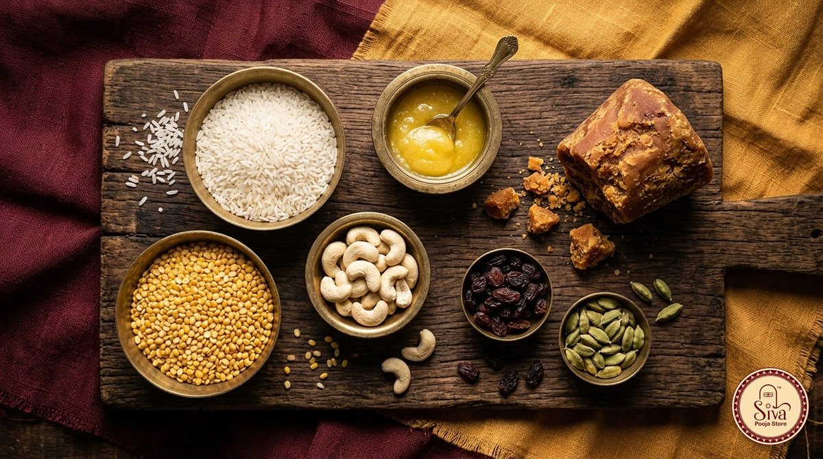 Raw rice, moong dal, jaggery, ghee, cardamom, cashews and raisins for sakkarai pongal