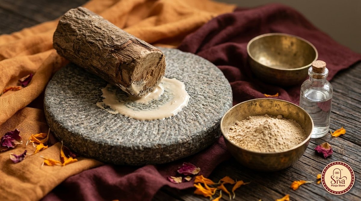 Sandalwood log on a grinding stone with sandal paste and powder