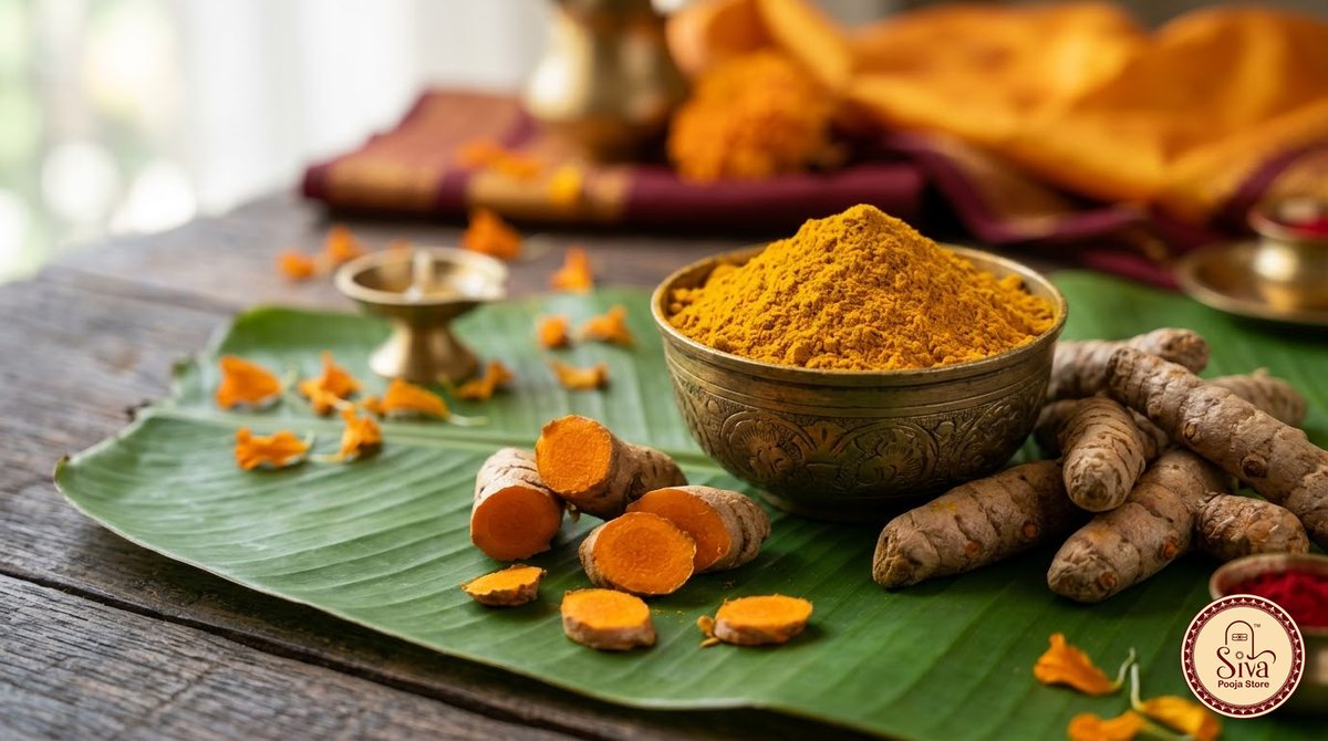 Turmeric roots, finger turmeric and turmeric powder on a banana leaf