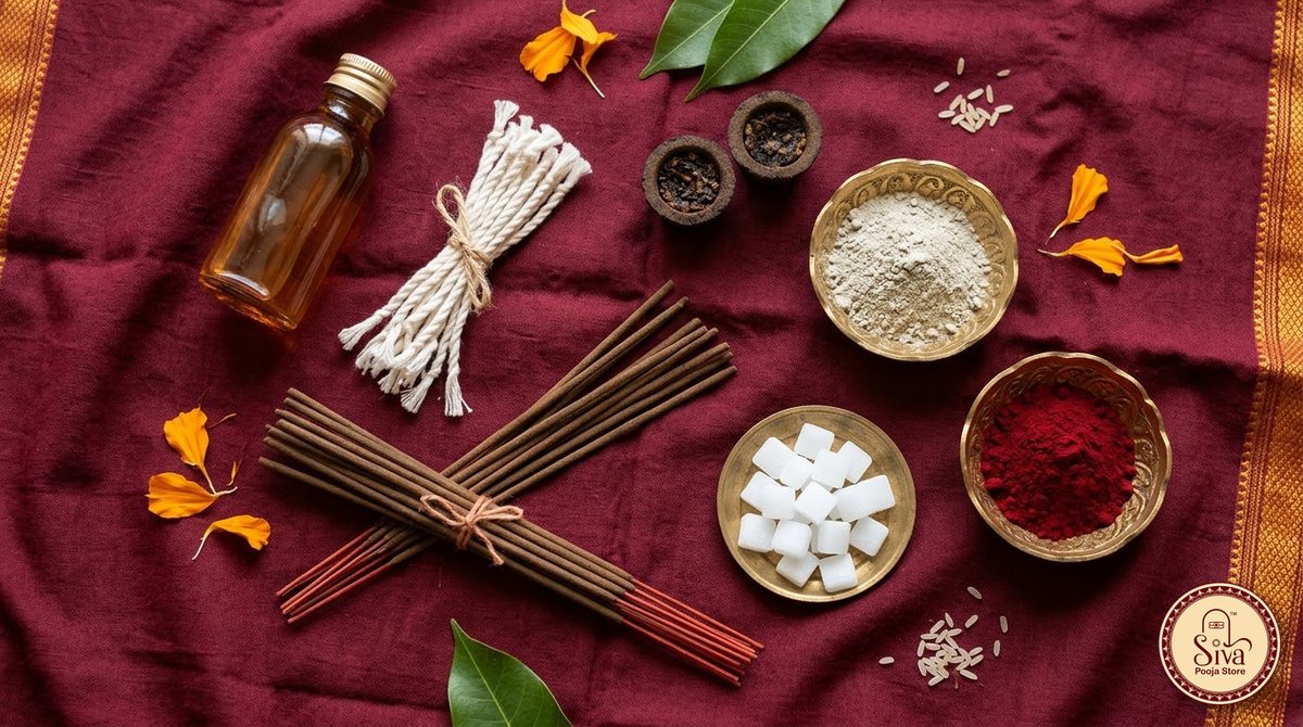 Sesame oil, cotton wicks, camphor, incense, cup sambrani, vibhuti and kumkum for the 41-day vratham