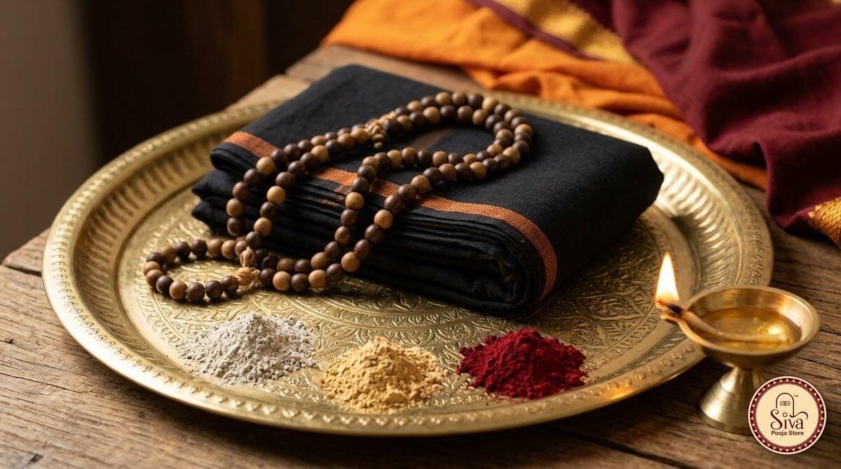 Tulasi maala, black dhoti, vibhuti, sandal and kumkum ready for maala dharanam