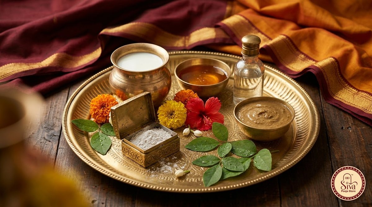 Milk, honey, rose water, panchagavyam, vibhuti and bilva leaves for abhishekam