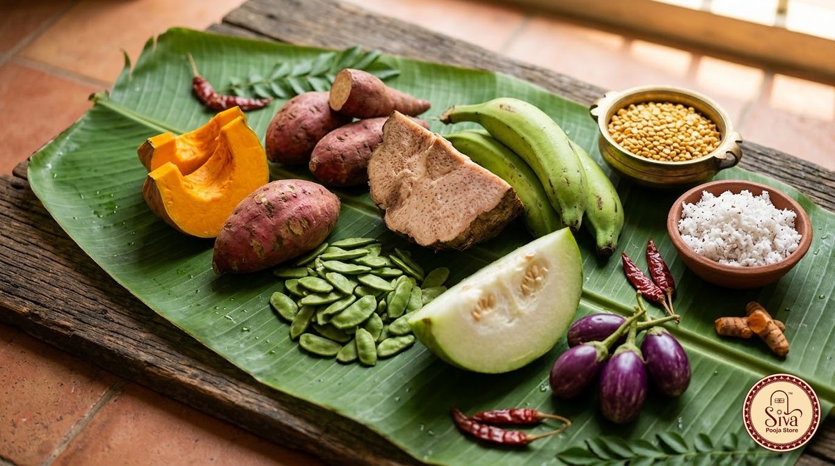 Seven vegetables for ezhu kari kootu on a banana leaf