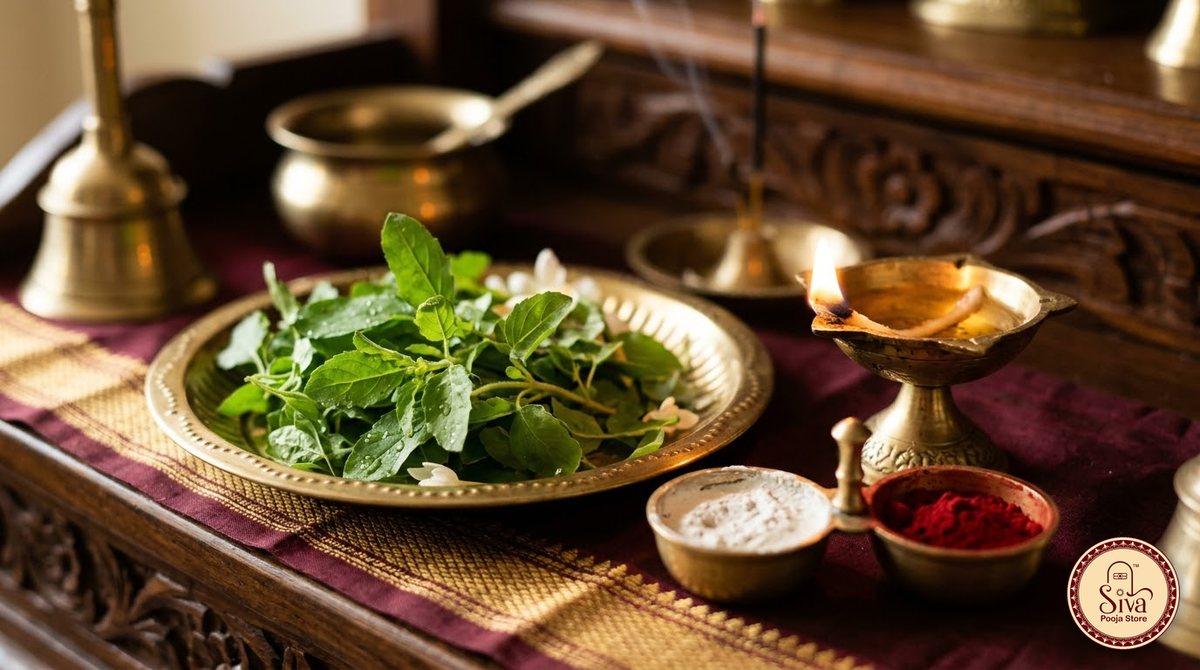 Tulasi leaves, ghee lamp and thiruman for the Vaikunta Ekadasi pooja