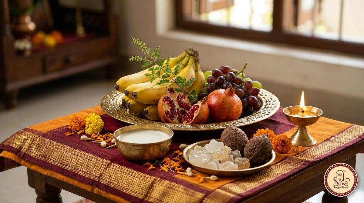 Fruit, milk, sugar candy and dried coconut offered on Ekadasi